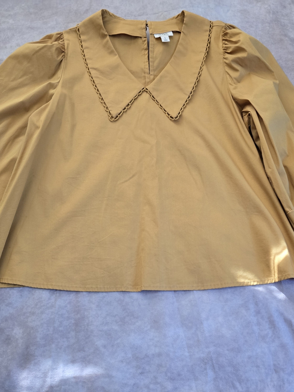 a.n.a Mustard Yellow Puff-Sleeve Blouse with Scalloped Trim Collar